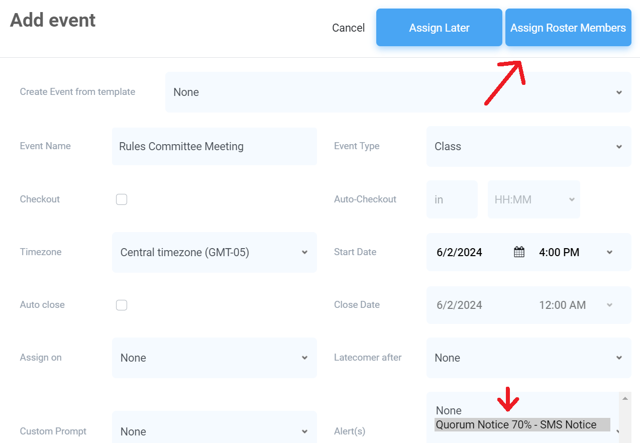 CIH quorum notification and assign roster member tab