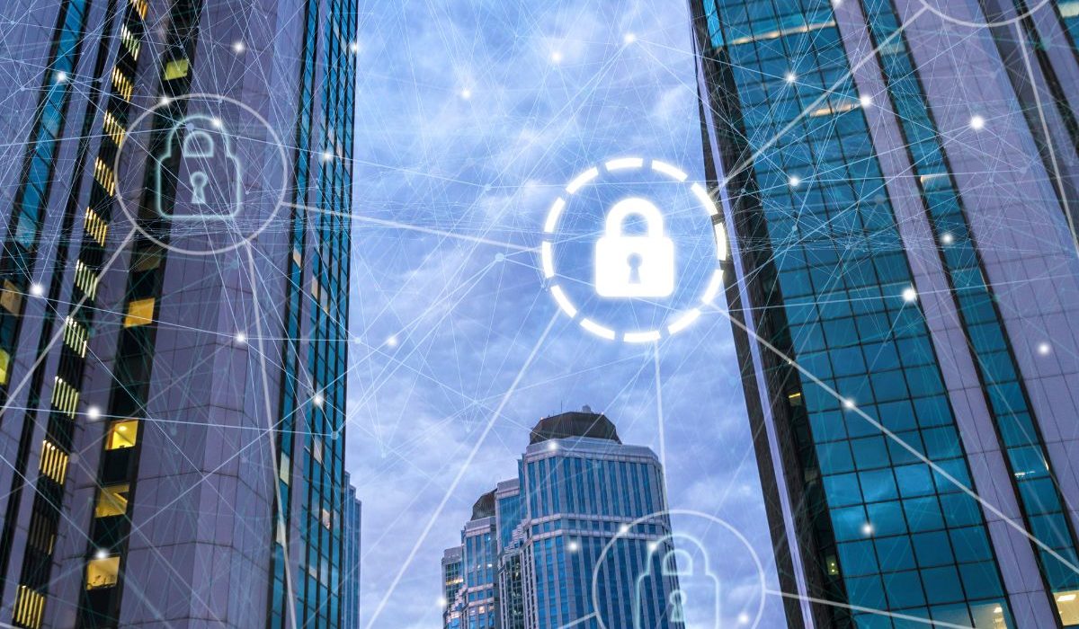 Business building with security icons