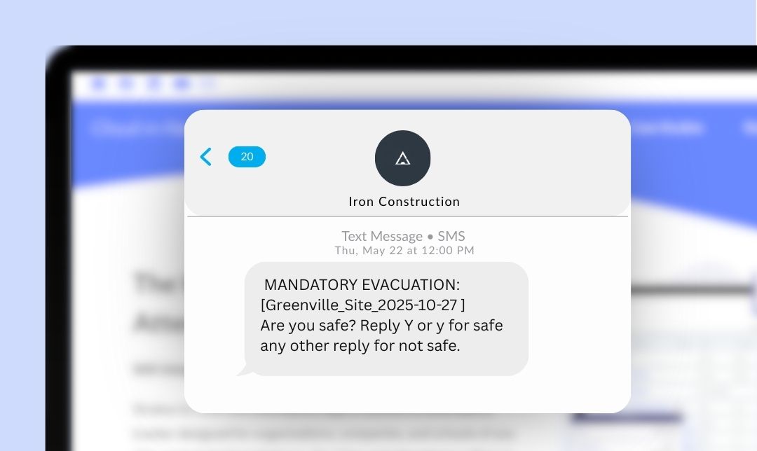 SMS text alert sent to a construction team using the Stratus-io Construction Attendance App