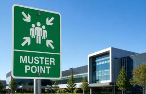 A muster point sign with a corporate building located at a distance