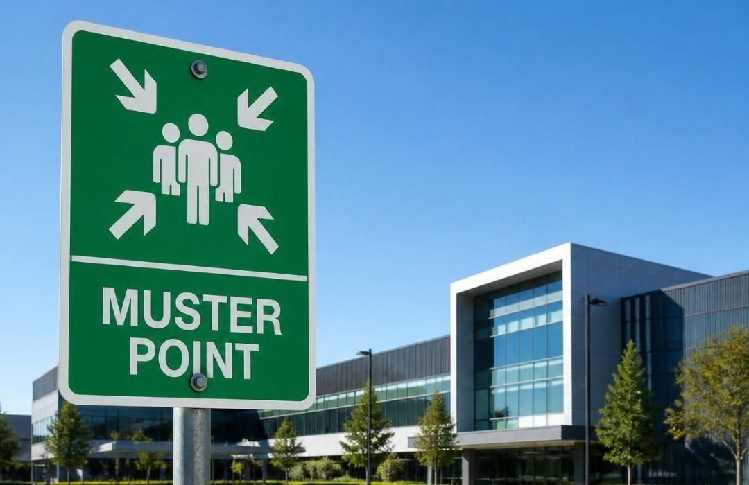 A muster point sign with a corporate building located at a distance